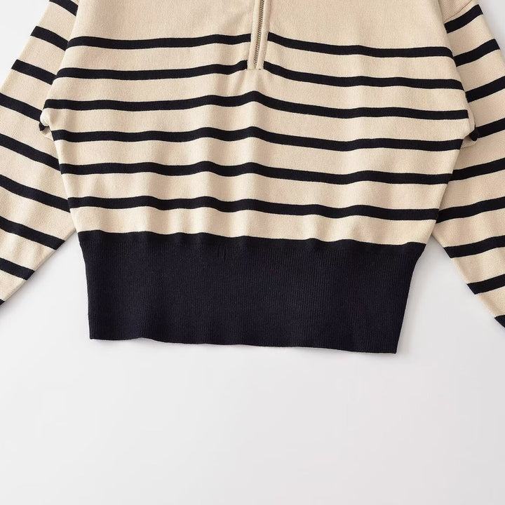 Damen Gestreifter Grobstrickpullover mit halbem Reißverschluss Drune
