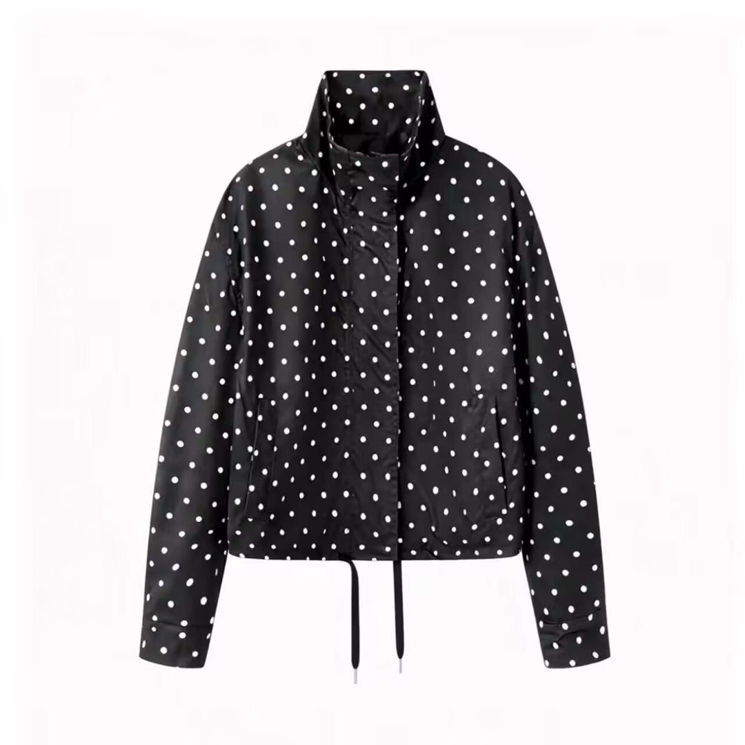Damen Kurze gepunktete Regenjacke mit Stehkragen und Kordelzug Drune