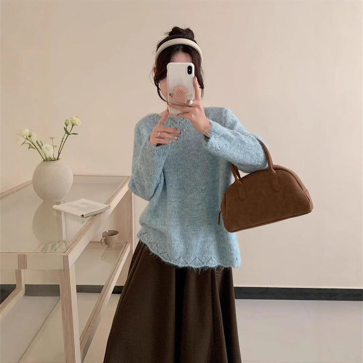 Damen Flauschiger Strickpullover mit glänzenden Akzenten und lockerem Schnitt Drune