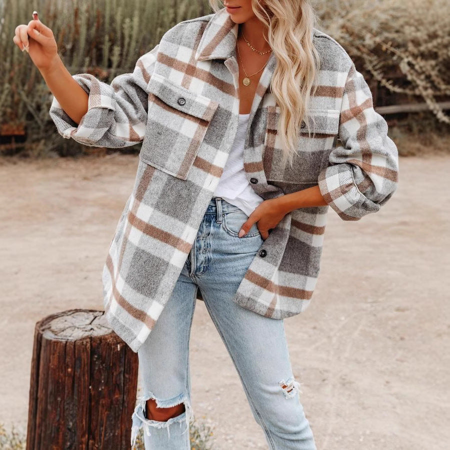 Damen Lässige Karierte Overshirt Jacke Drune
