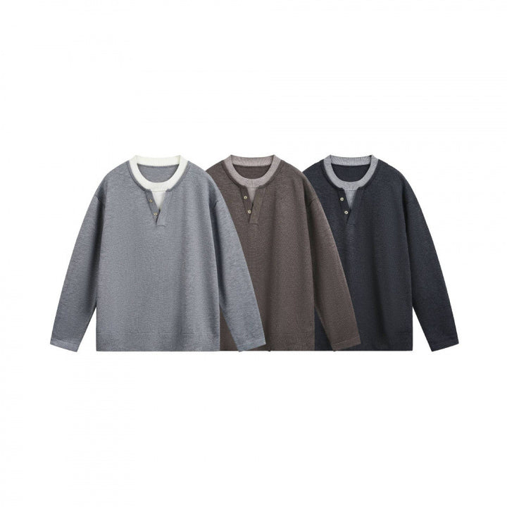 Herren Leichter Feinstrick-Henley-Pullover mit Kontrastkragen und Relaxed-Schnitt Drune