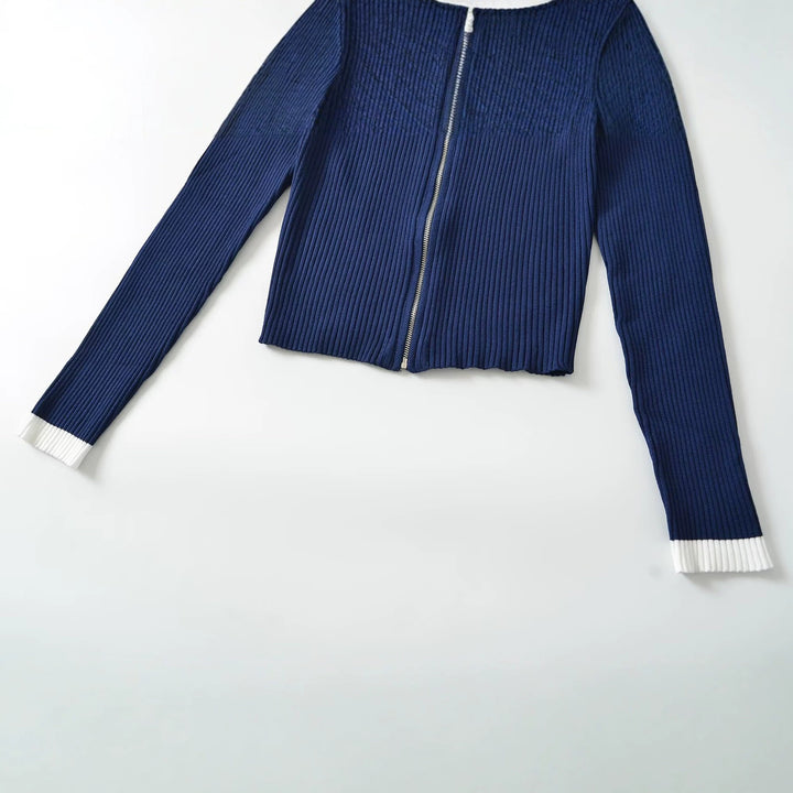 Damen Gerippte Reißverschluss-Strickjacke mit Stehkragen und Kontrastbündchen Drune