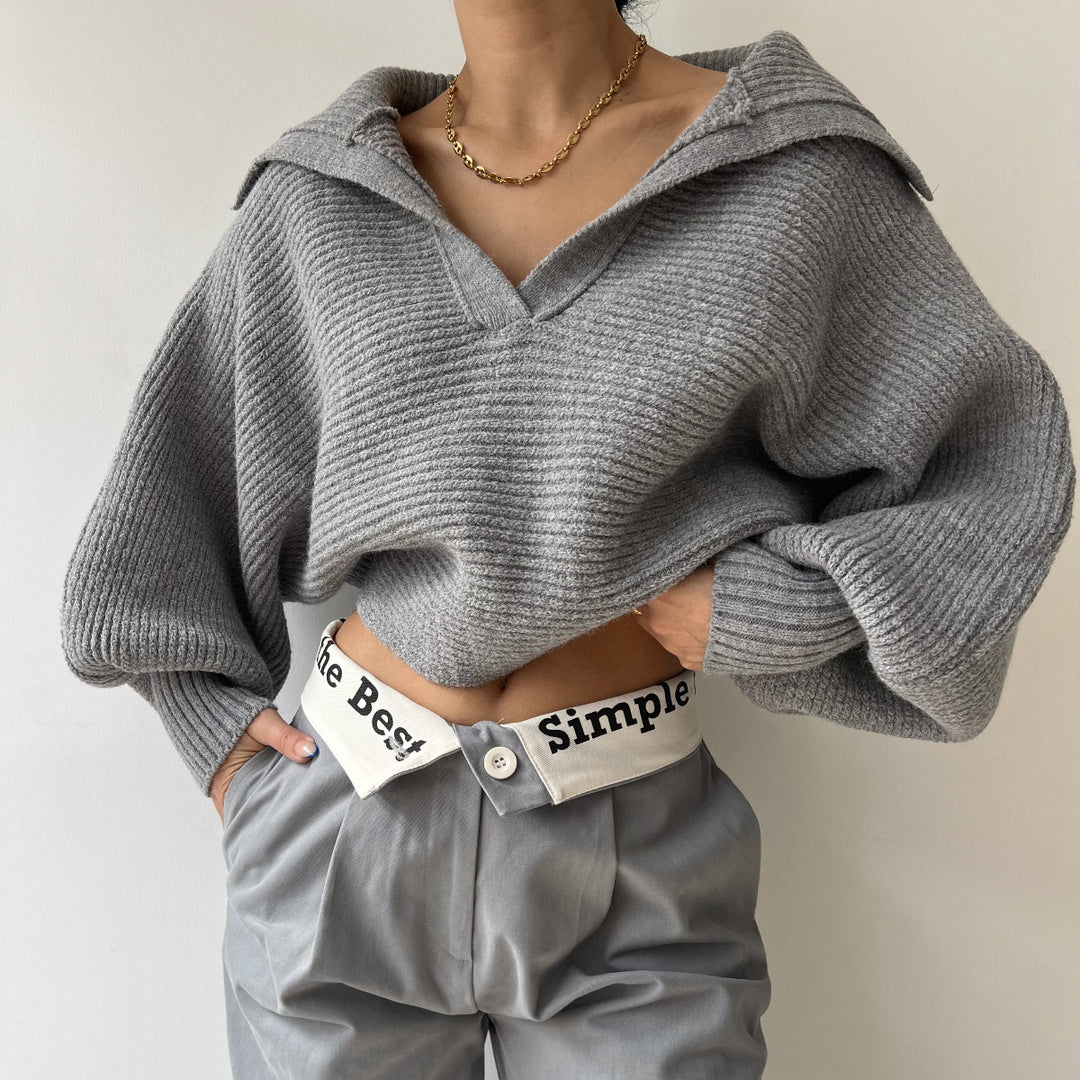 Damen Grobstrick Cropped-Pullover mit weitem Matrosenkragen und Oversize-Ärmeln Drune