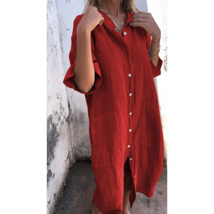 Drune | Lockere lässige Baumwolle-Leinen Hemdkleid mit halben Ärmeln