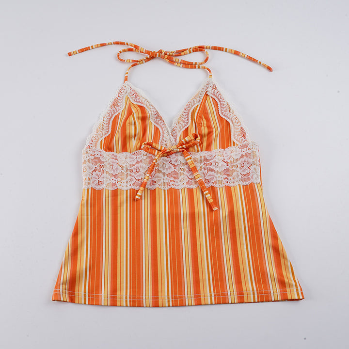 Damen Charmantes Spaghetti-Top mit Spitzenakzenten und Streifenmuster Drune