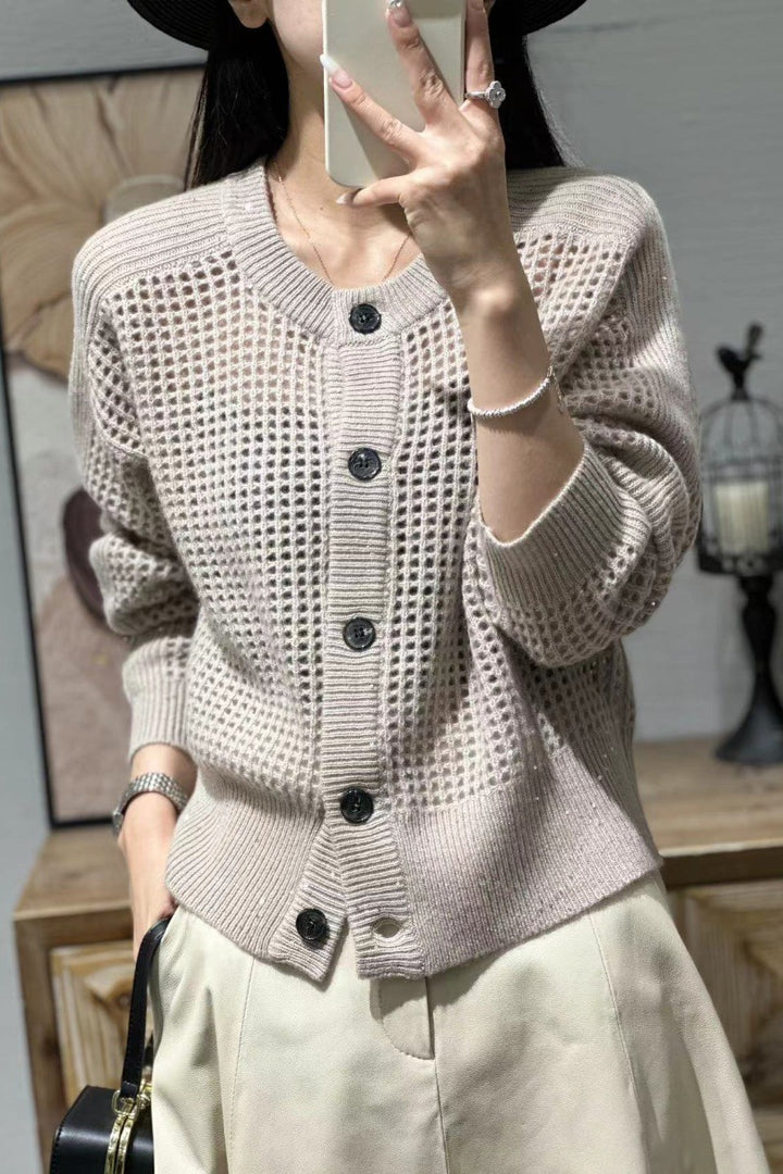 Damen Lockerer Mesh‑Cardigan mit Gitter‑Ajour, Rundhalsausschnitt und Knopfleiste Drune