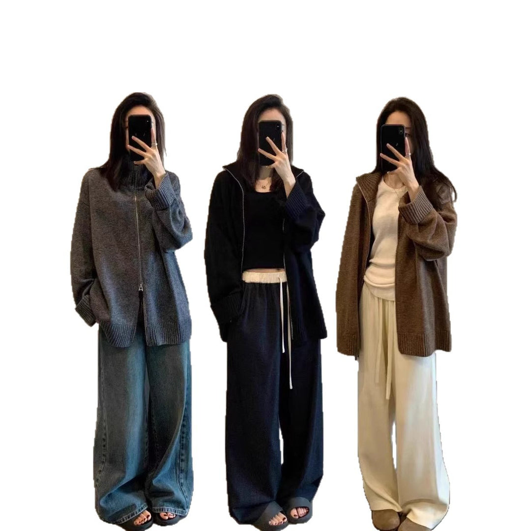 Damen doppelreihiger Strickjacke mit hohem Kragen und praktischen Taschen Drune