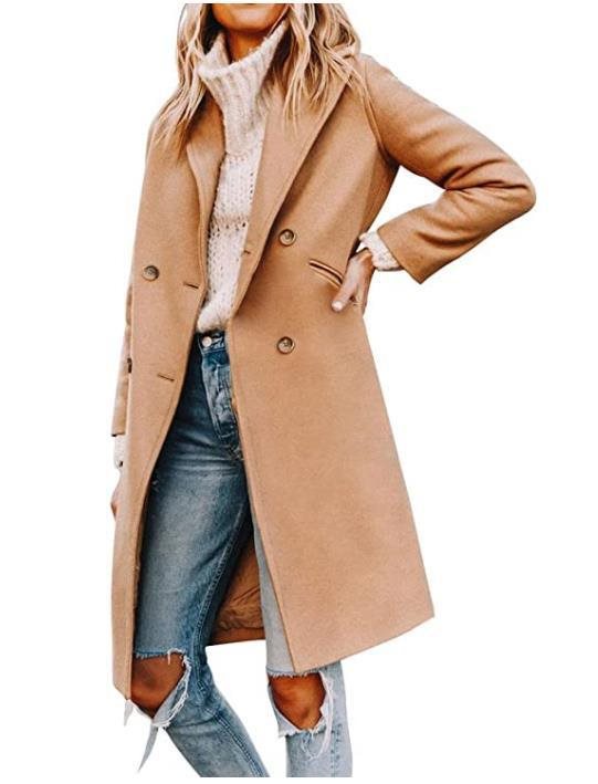 Damen eleganter, klassischer Wollmantel mit doppelter Knopfreihe und praktischen Taschen Drune