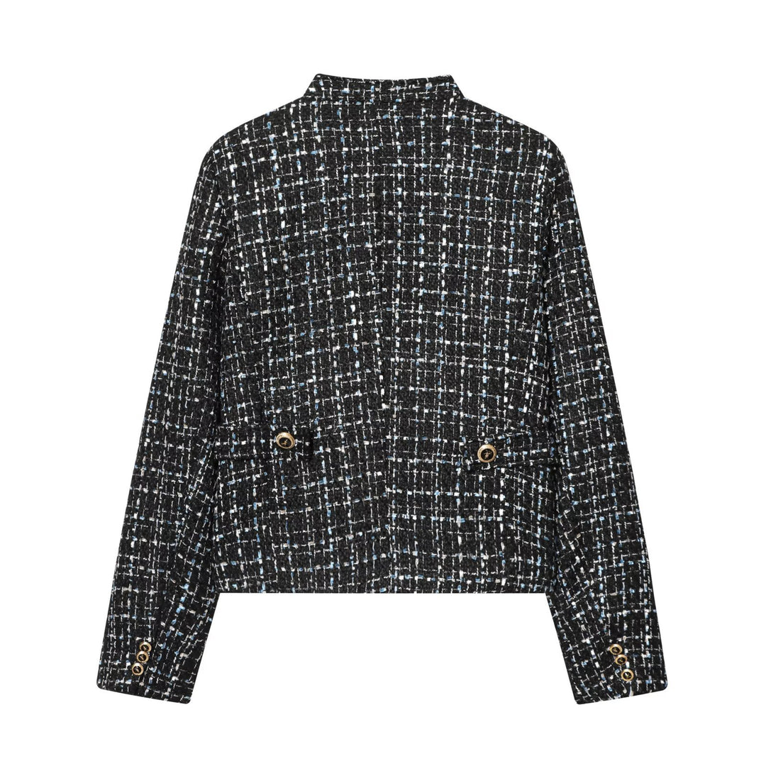 Damen Bouclé‑Tweed‑Cropped‑Jacke mit Stehkragen und goldfarbenen Schmuckknöpfen Drune