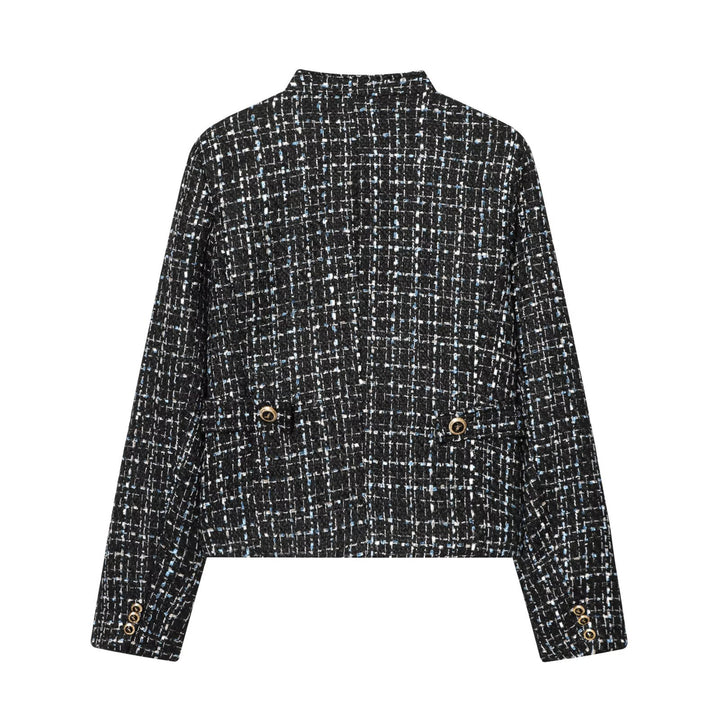 Damen Bouclé‑Tweed‑Cropped‑Jacke mit Stehkragen und goldfarbenen Schmuckknöpfen Drune