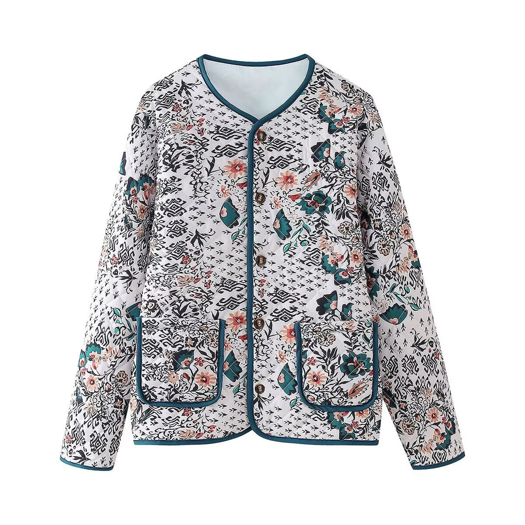 Damen nan gesteppte Blusenjacke mit floral-ethnischem Print, leichter Wattierung und kontrastierender Paspel Drune