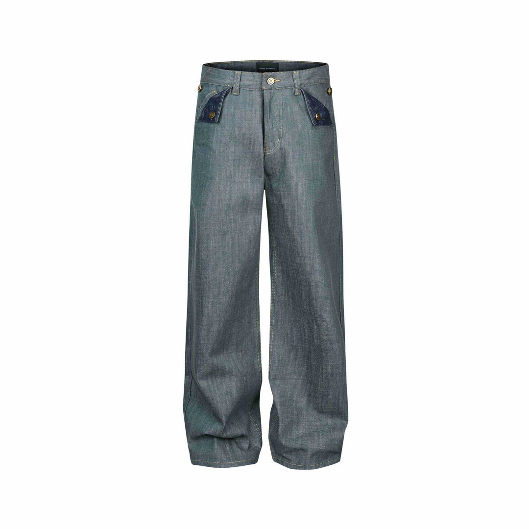 Damen Weite High‑Waist Jeanshose mit dekorativen Umschlagtaschen Drune