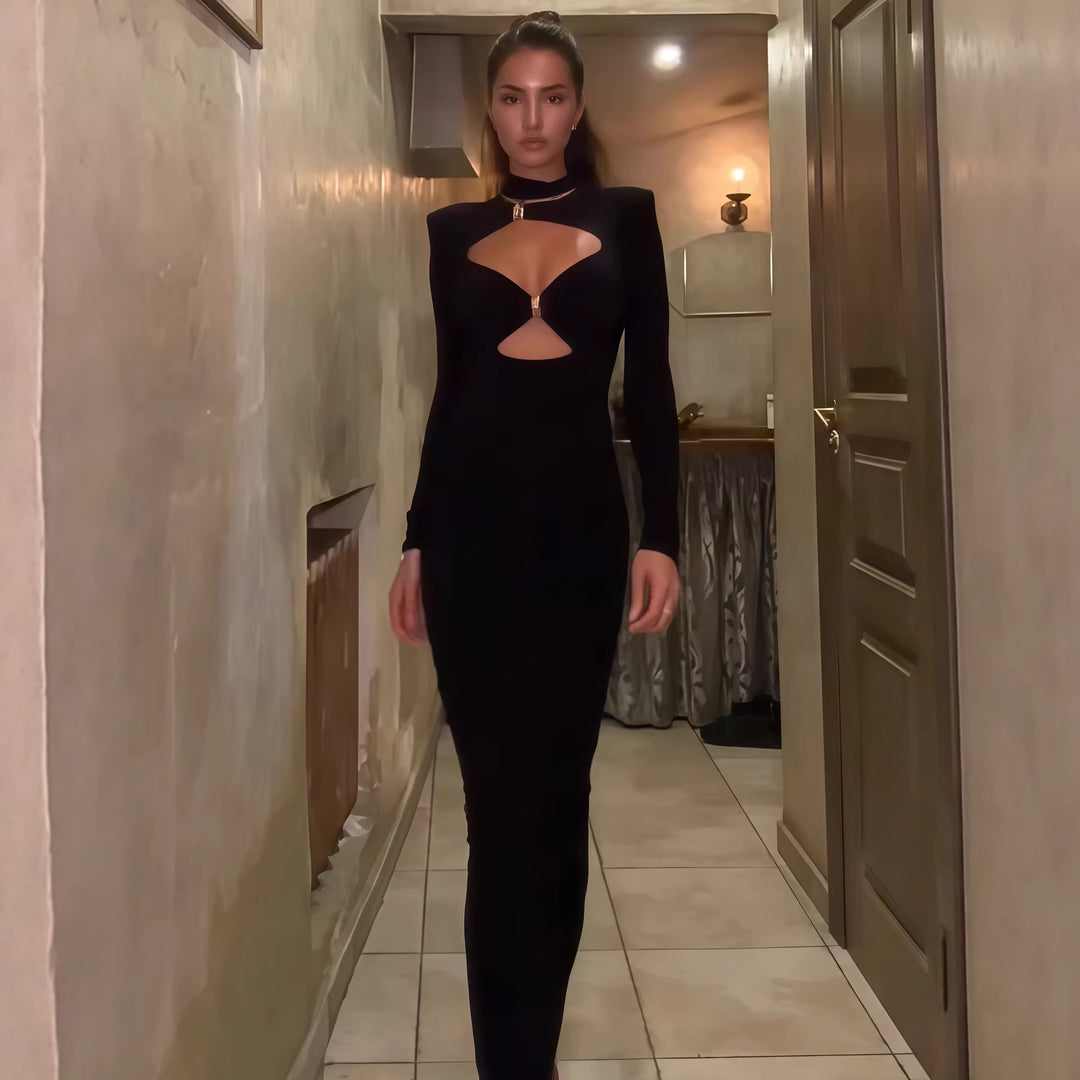 Damen Elegantes Maxikleid mit hochgeschlossenem Dekolleté und raffinierten Cut-Outs Drune