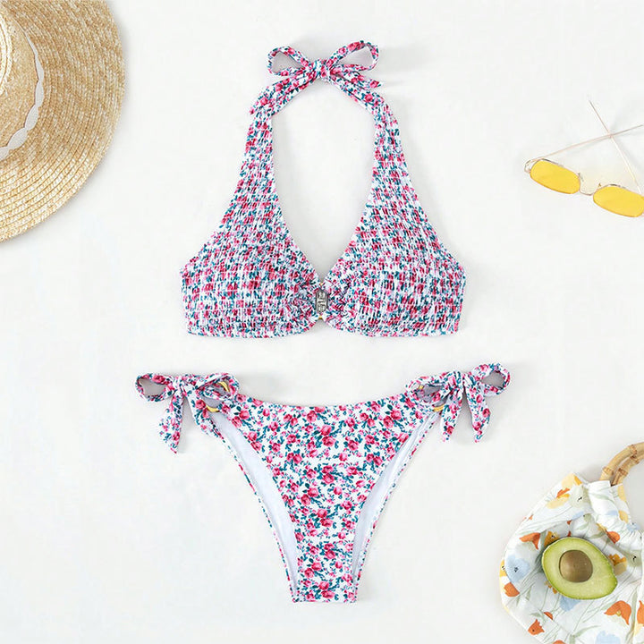 Damen Halter-Bikini mit floralem Design und verspielten Bindebändern Drune