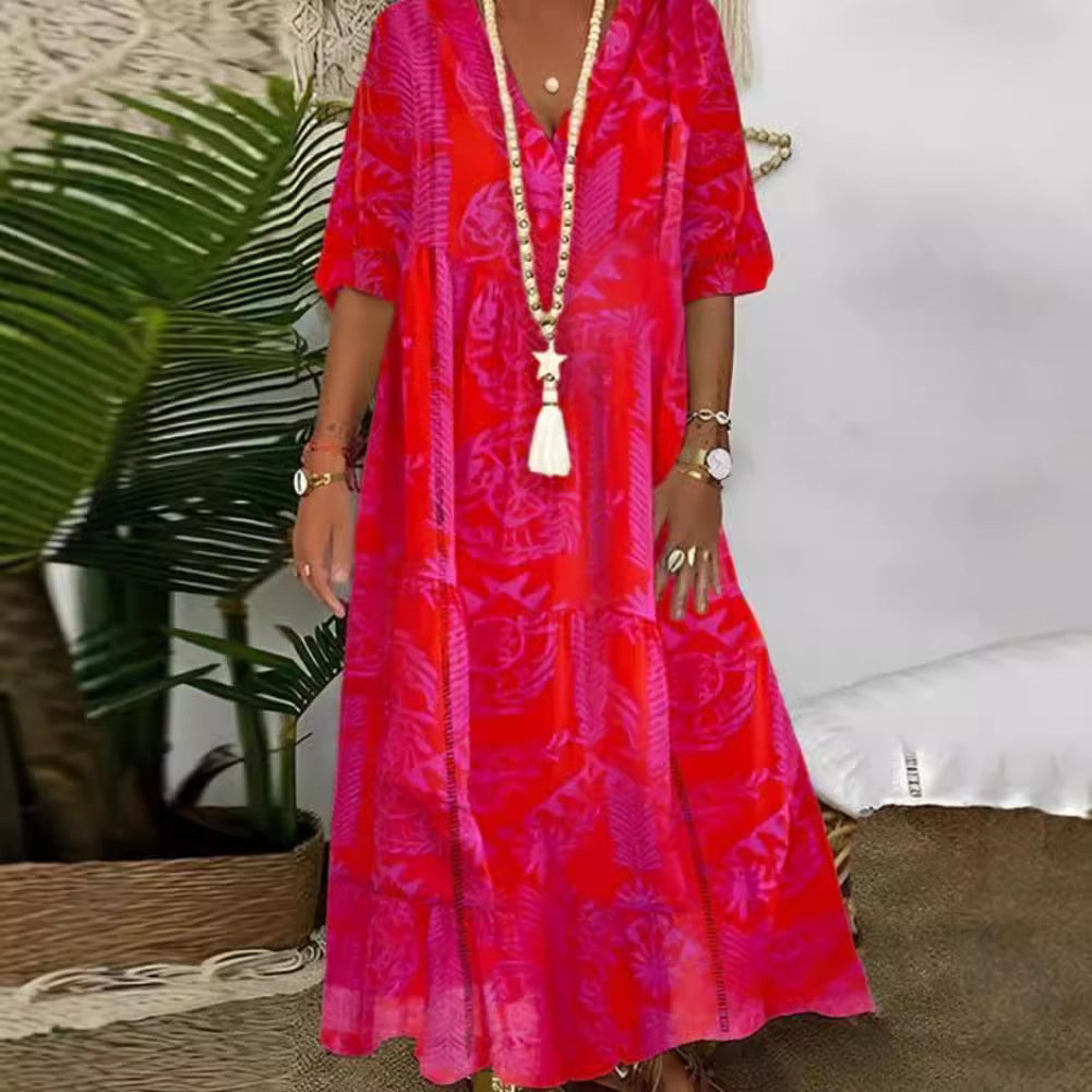Damen nan Boho-Langkleid mit tiefem V-Ausschnitt, Stufenschnitt und legerer Oversize-Passform Drune