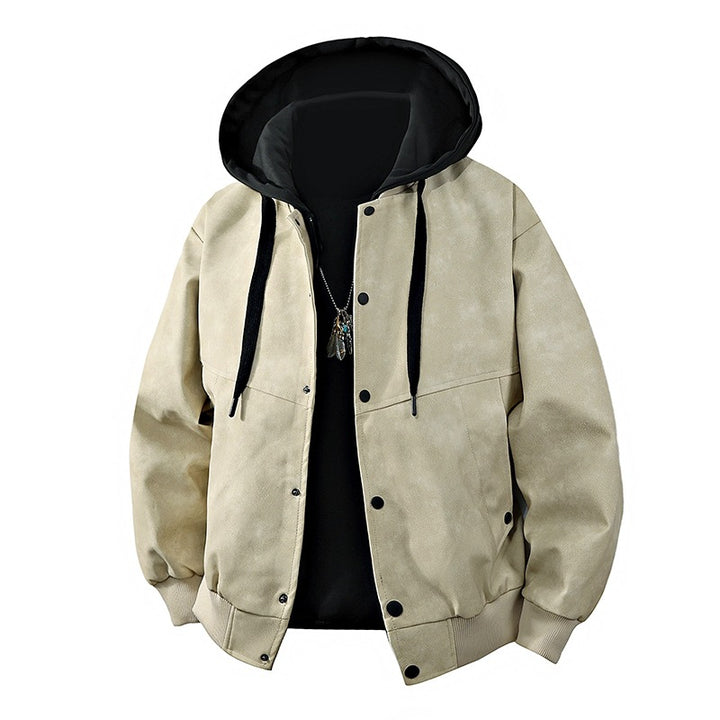 Herren Veloursleder‑Optik Kapuzenjacke mit Druckknopfblende, Oversize‑Schnitt & gerippten Bündchen Drune