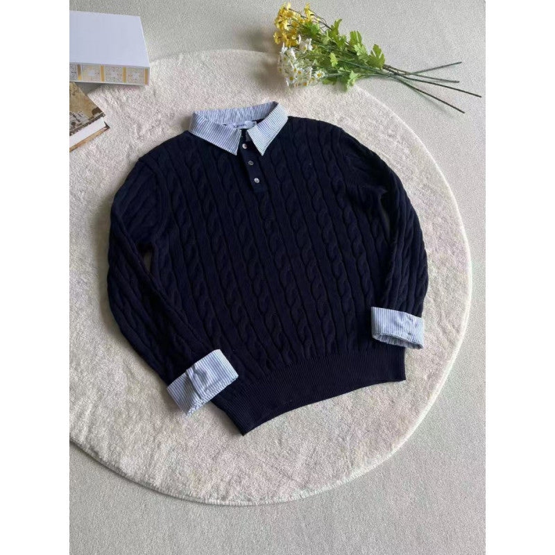 Damen nan gestrickter Polo-Pullover mit Zopfmuster und eingesetztem Hemdkragen Drune