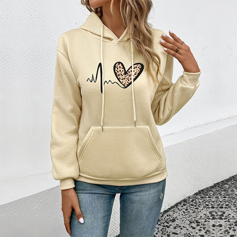 Damen Kapuzensweatshirt mit Leoparden‑Herz‑Print und Kängurutasche Drune