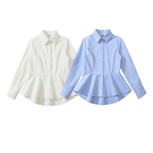 Damen Taillierte Peplum-Bluse mit Hemdkragen und doppellagigem Saum Drune