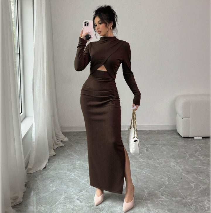 Damen geripptes Maxikleid mit gedrehtem Vorderteil Cut-Out taillierter Raffung und hohem Seitenschlitz Drune