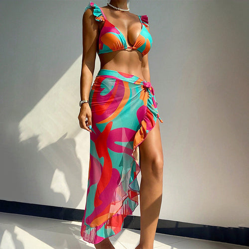 Damen Bikiniset mit fließendem Rüschensarong und farbenfrohen Akzenten Drune