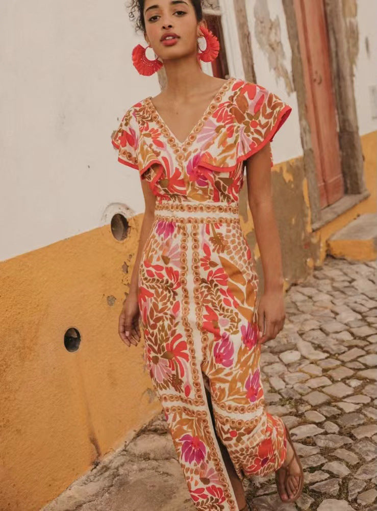 Damen Maxikleid mit farbenfrohem floralem Muster und Volantärmel Drune