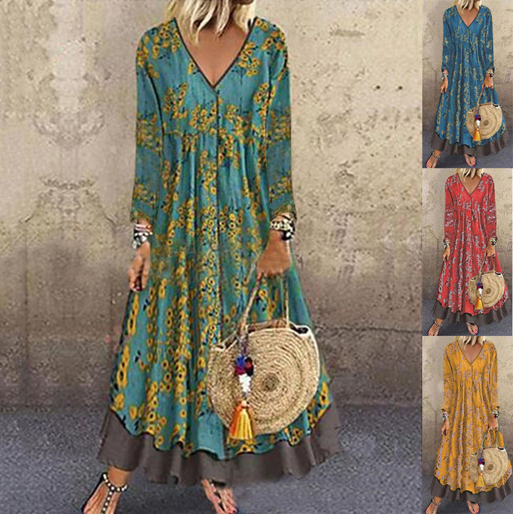 Damen blumiges Maxikleid mit weitem Schnitt und V-Ausschnitt Drune