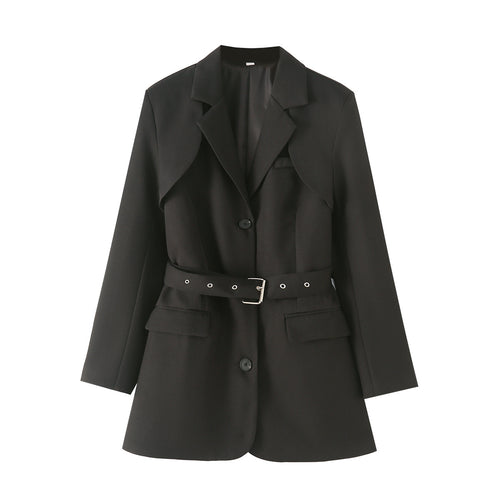 Damen nan taillierter Gürtel-Blazer mit asymmetrischem Schalkragen und Pattentaschen Drune