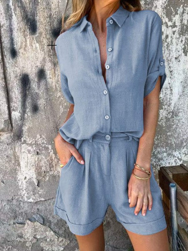 Damen Elegantes Kurzarm-Jumpsuit aus atmungsaktivem Stoff mit praktischen Taschen Drune