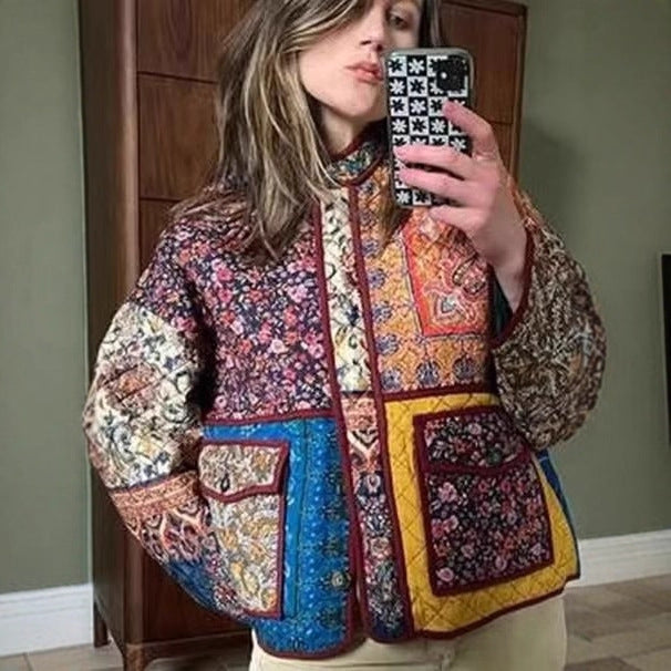 Damen Oversize Patchwork-Steppjacke mit Stehkragen und aufgesetzten Taschen Drune