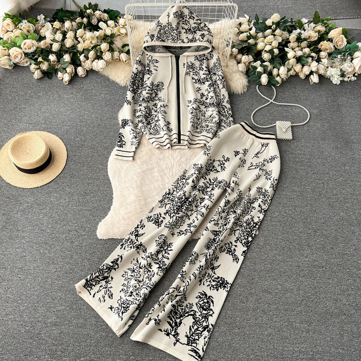 Damen modisches Freizeit-Lounge-Set mit Kapuze und floralem Muster Drune
