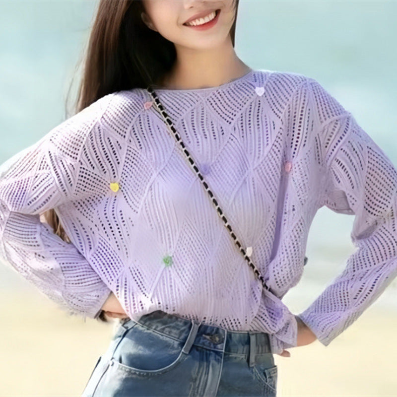 Damen luftige Strickbluse mit Muster und farbigen Applikationen Drune