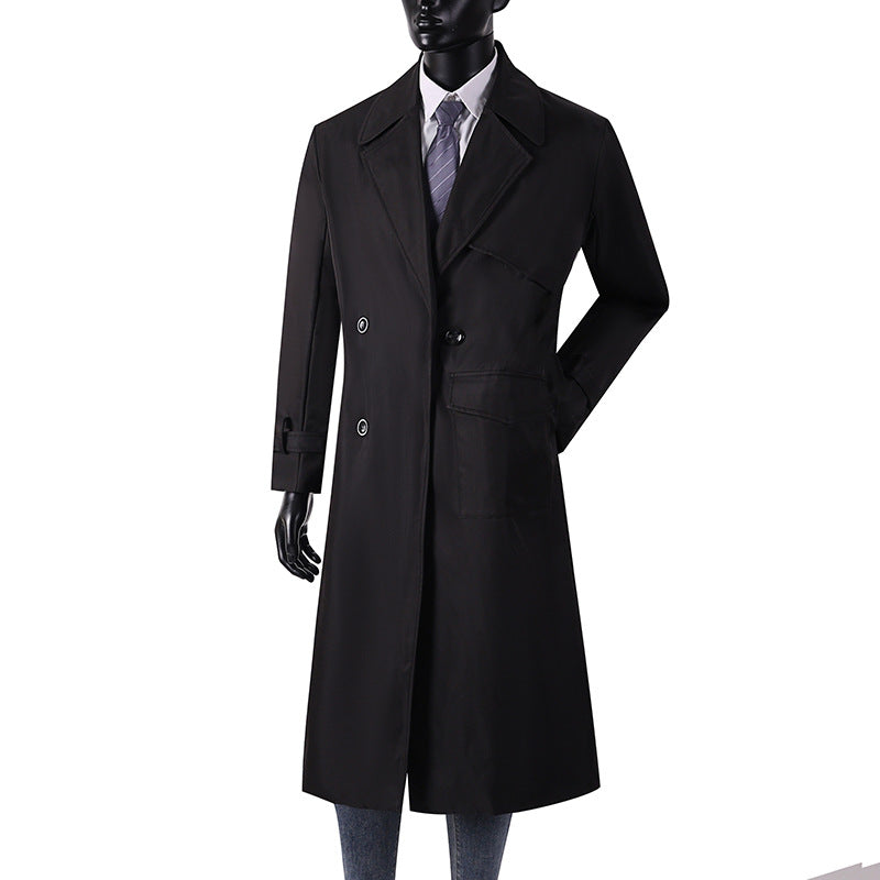 Herren Langmantel im Trenchcoat-Stil mit Sturmklappe, asymmetrischen Taschen und klassischem Revers Drune