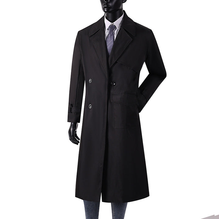 Herren Langmantel im Trenchcoat-Stil mit Sturmklappe, asymmetrischen Taschen und klassischem Revers Drune