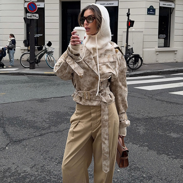 Damen modische Trenchcoat-Jacke mit Gürtel und Kapuze Drune