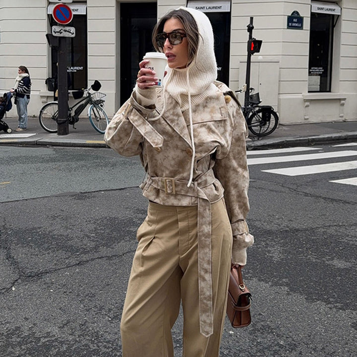 Damen modische Trenchcoat-Jacke mit Gürtel und Kapuze Drune