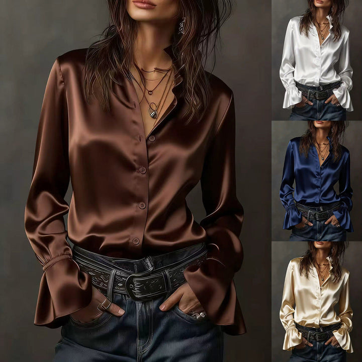 Damen Elegante Seidenbluse mit Raffungen an den Ärmeln Drune