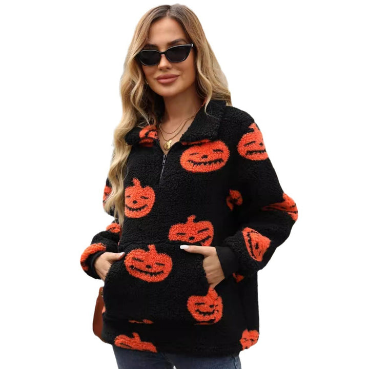 Damen Plüschpullover mit Halloween-Motiv und praktischen Taschen Drune
