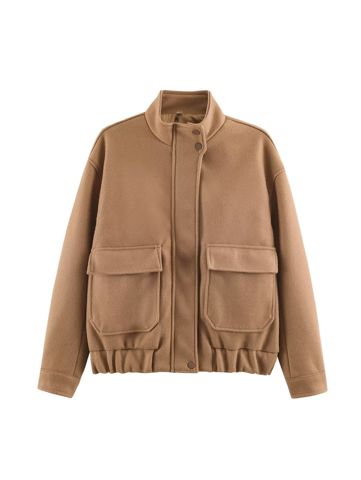 Damen Boxy Wollmix‑Blousonjacke mit Stehkragen, großen Pattentaschen und elastischem Saum Drune