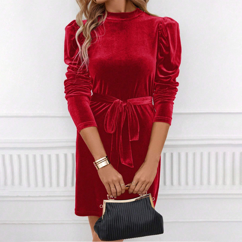 Damen samtiges tailliertes Minikleid mit Stehkragen gerafften Schultern langen Ärmeln und Bindegürtel Drune