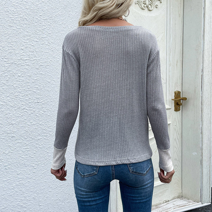 Damen Patchwork-Langarmshirt mit V-Ausschnitt, Rippenstruktur und Animal-Print Drune