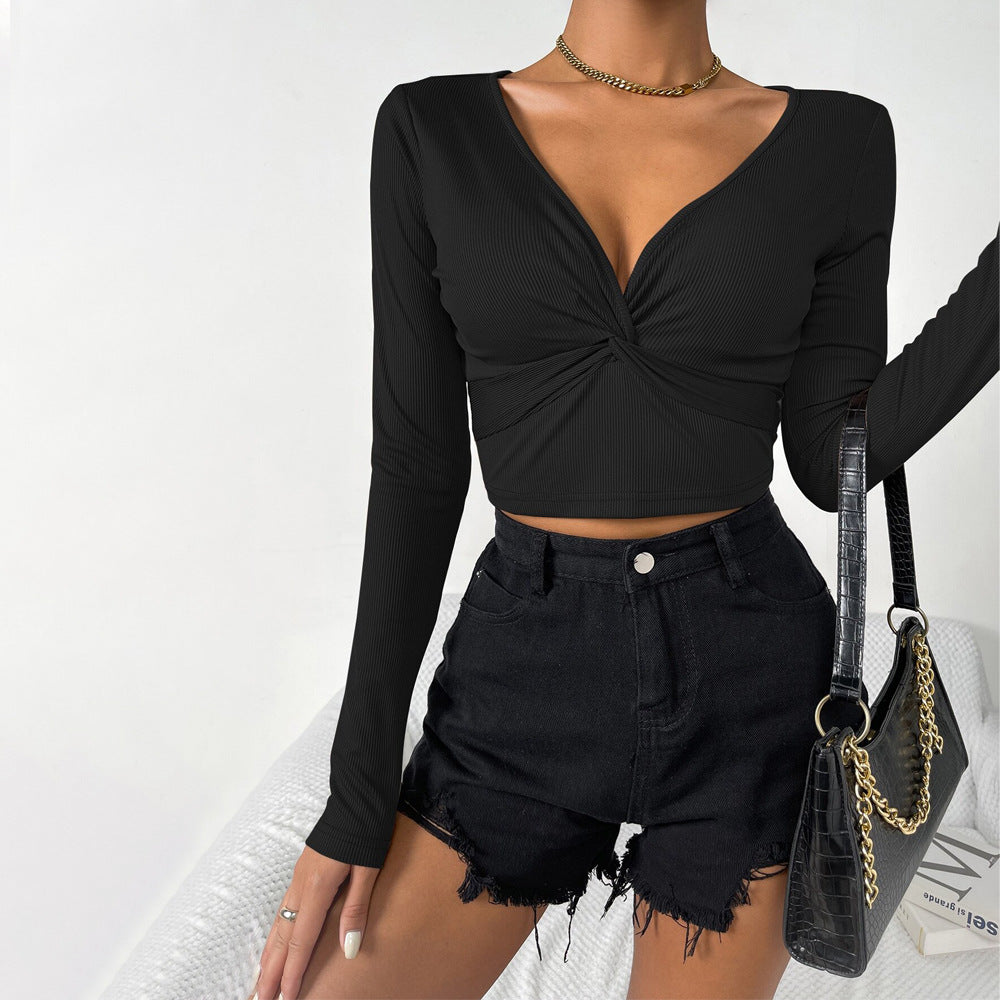 Damen cropped Langarmshirt mit raffinierter Knotendetailgestaltung Drune