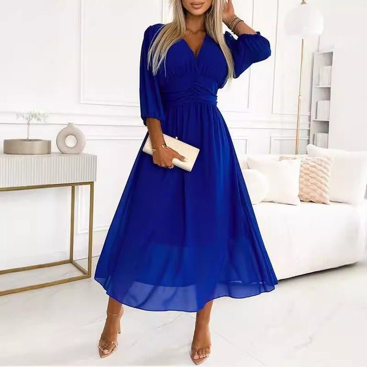 Damen Chiffon Maxi Kleid mit V-Ausschnitt, Rüschengesäß und 3/4 Ärmeln Drune