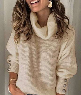 Damen Kuscheliger Oversize Rollkragenpullover mit Zierknöpfen an den Ärmeln Drune