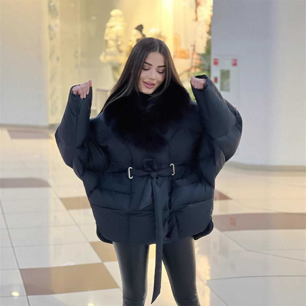 Damen Oversize Steppjacke mit Taillengürtel und Kunstfellkragen Drune