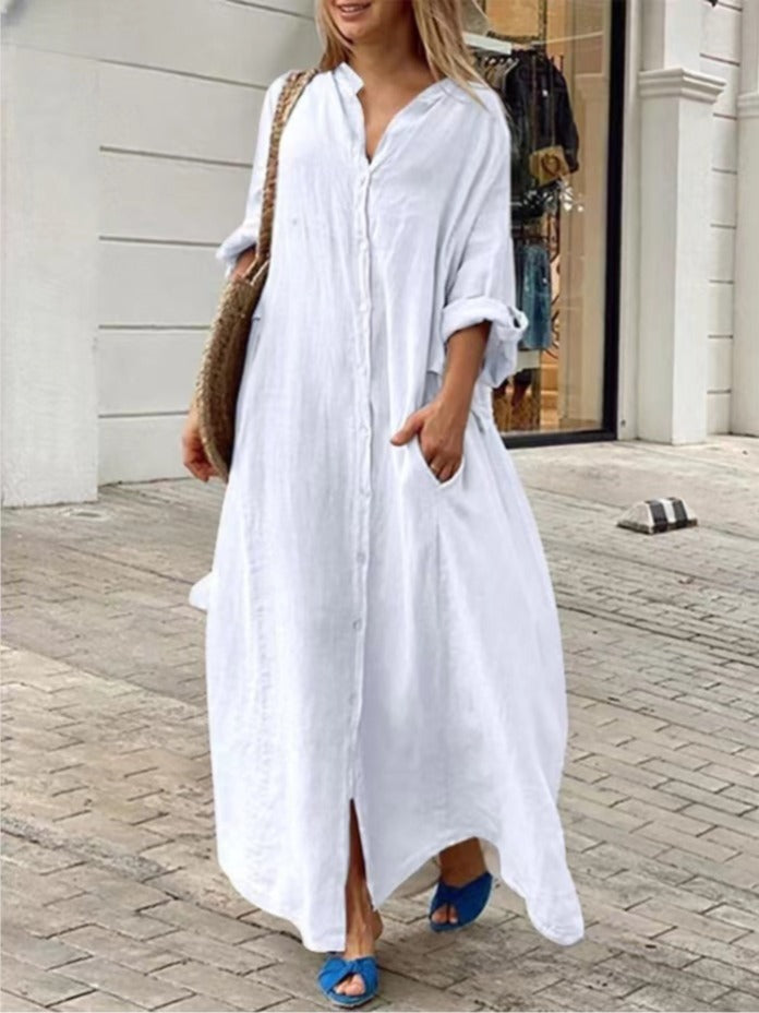 Drune | Einreiher Baumwoll-Leinen Plus Size Langkleid