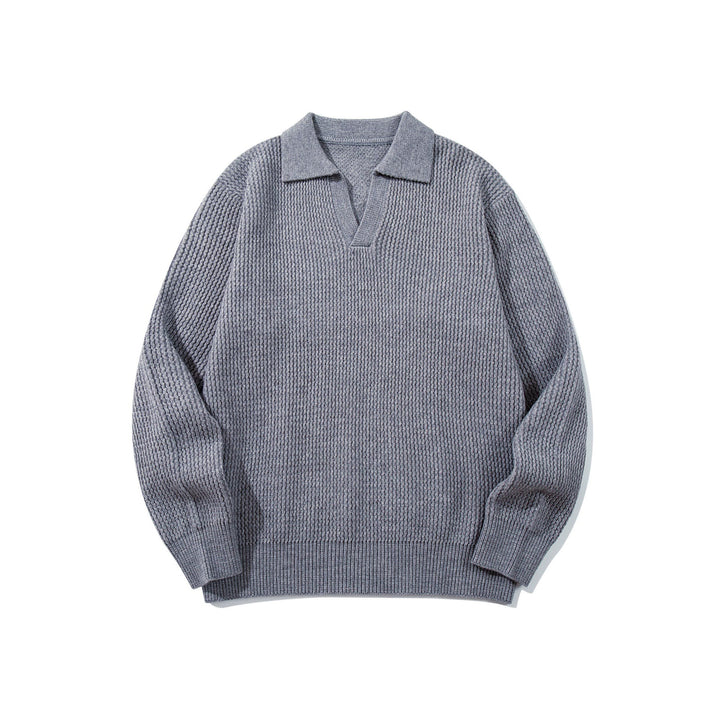 Herren Grobgestrickter Polokragen-Pullover mit V‑Ausschnitt und Rippenbündchen Drune