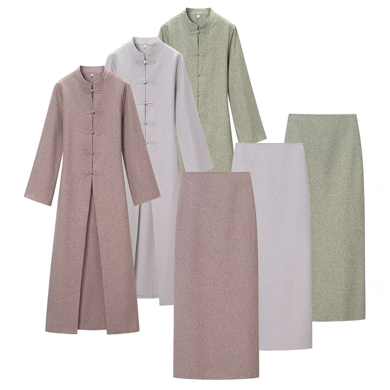 Damen nan Mandarin-Mantel und gerader Midirock Zweiteiler-Set Drune