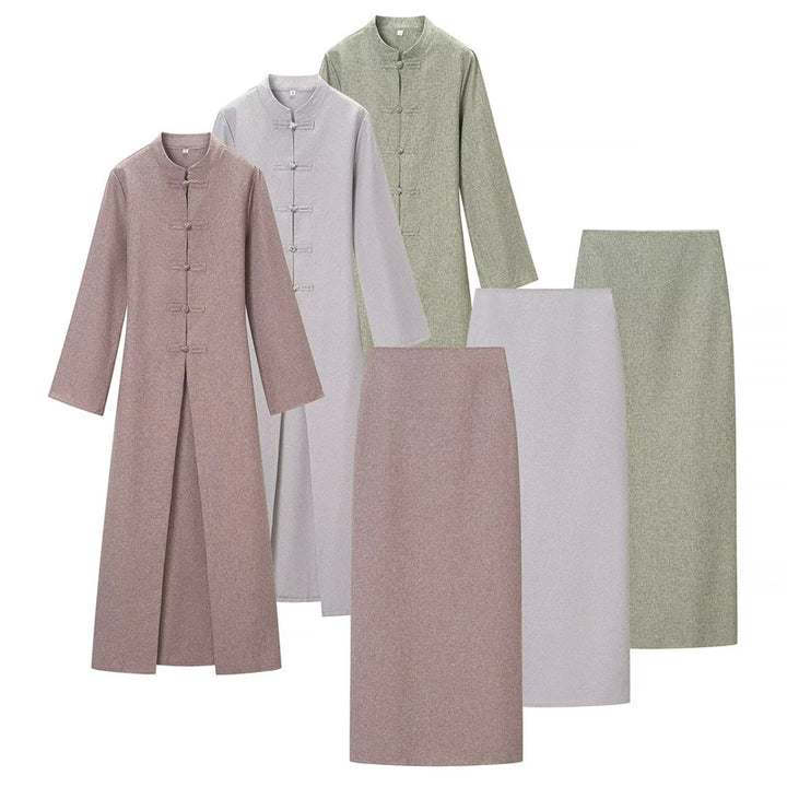 Damen nan Mandarin-Mantel und gerader Midirock Zweiteiler-Set Drune