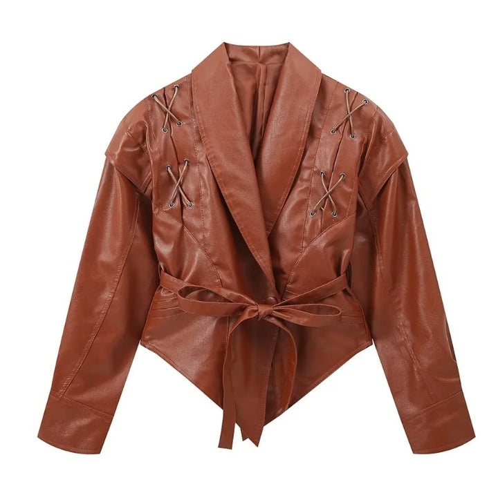 Damen 100+ kurze Wickeljacke mit Bindegürtel und Ösen‑Schnürdetail Drune